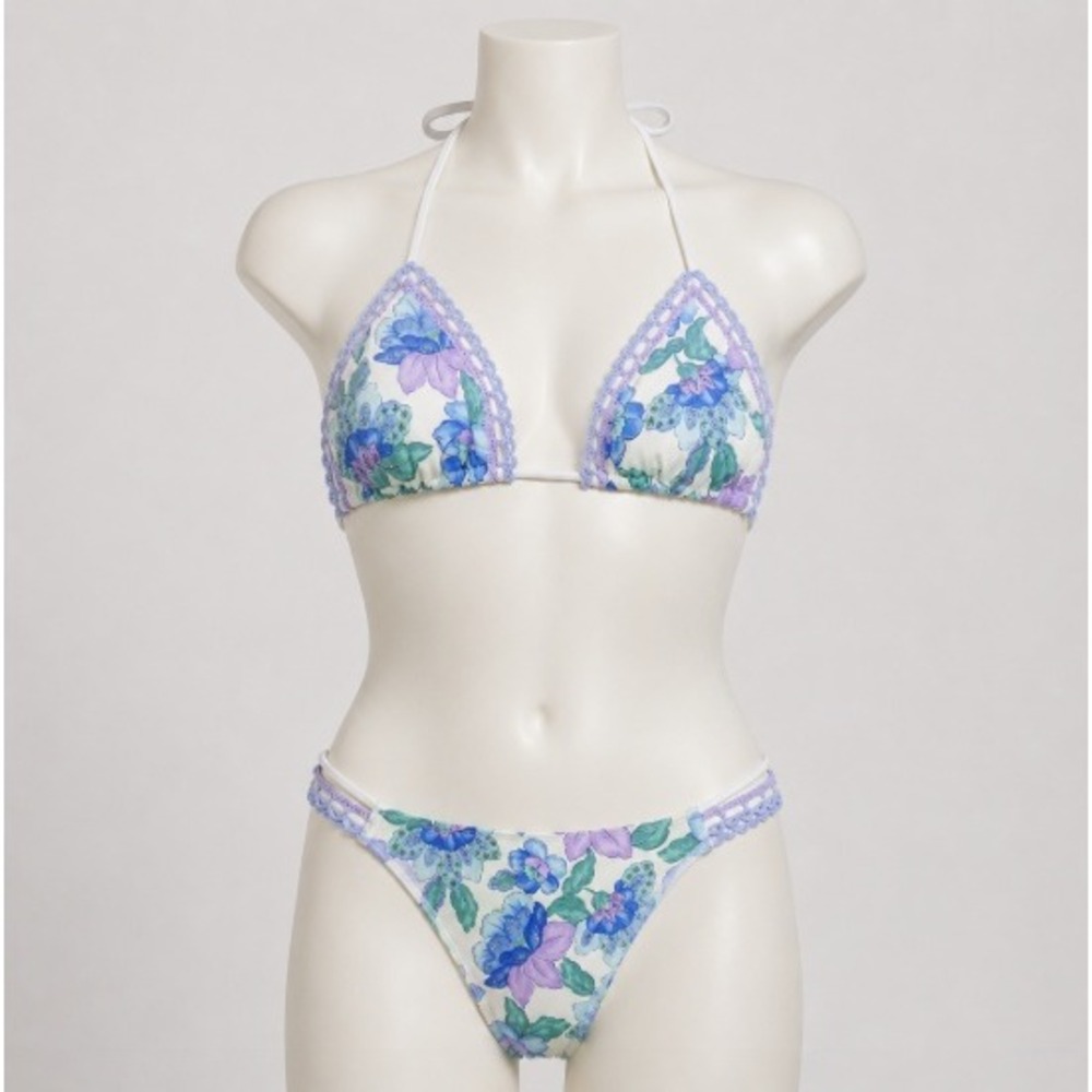 Hollister Blue Purple Floral Crochet Trim String Tie 2 PC Swimsuit Bikini Set M